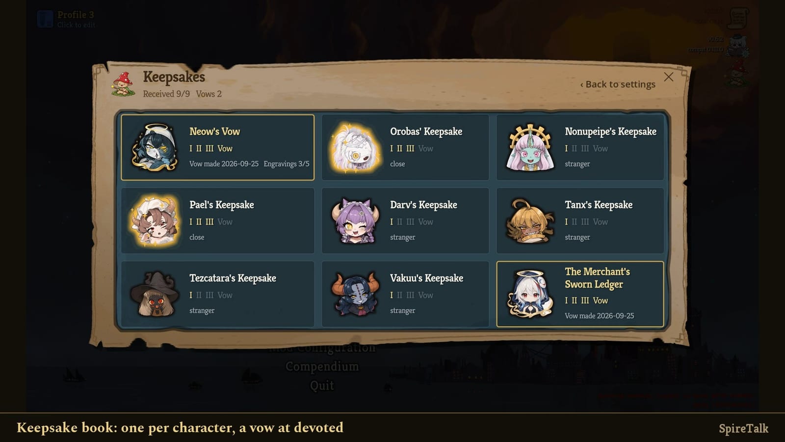 The Keepsakes book: nine cards, one per character, each with tiers I, II, III and Vow. Neow's Vow and the Merchant's Sworn Ledger are at Vow with the date 2026-09-25; Neow's shows Engravings 3/5. Others sit at close or stranger.